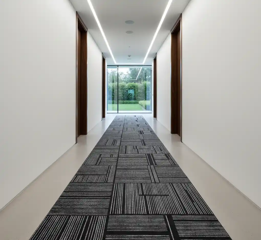 2Durable nylon carpet with geometric patterns for offices and hallways.