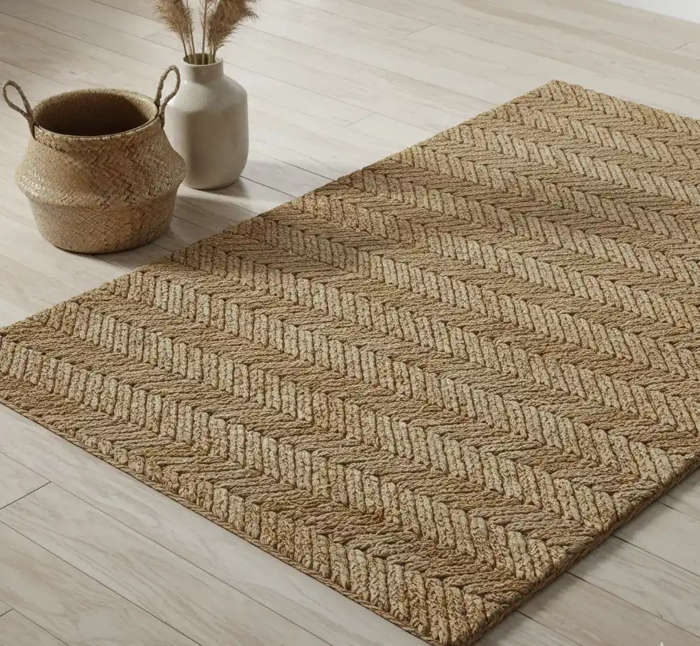2Natural hand-woven Jute carpet in a sunny, organic room setting.