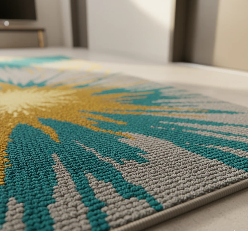 Abstract teal and gold nylon carpet runner.