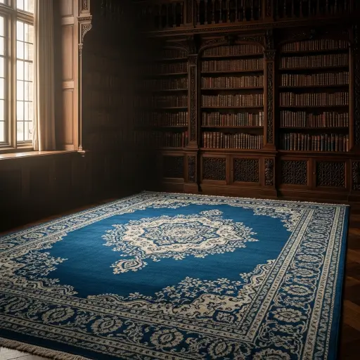 Antique royal blue silk carpet in a library.