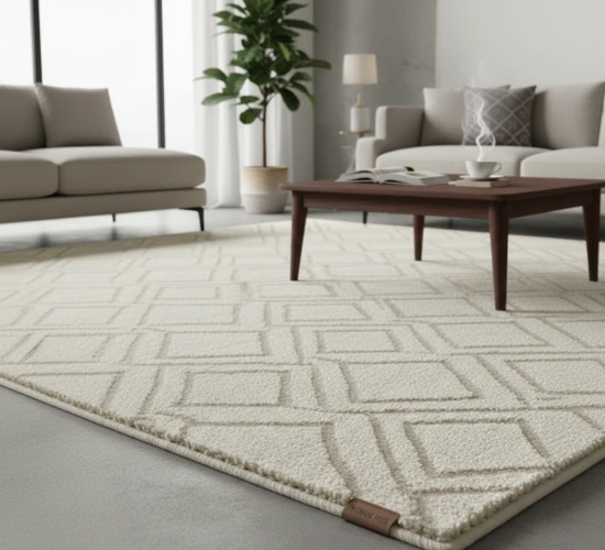 Beige geometric rug in a modern living room.