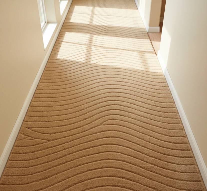 Beige wave-textured polyester carpet.