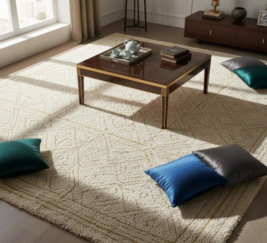 Cream textured rug with a wooden coffee table and floor cushions.