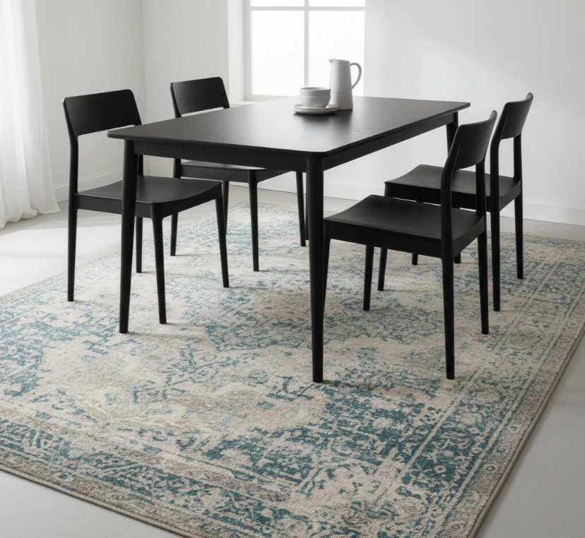 Distressed vintage style polyester carpet.