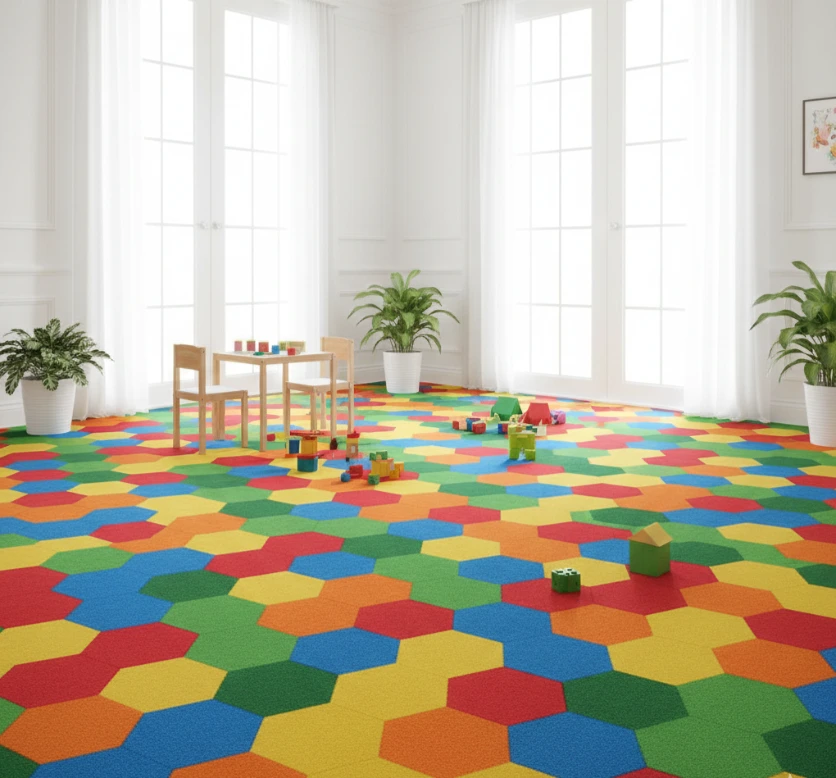Durable colorful nylon carpet for kids room.