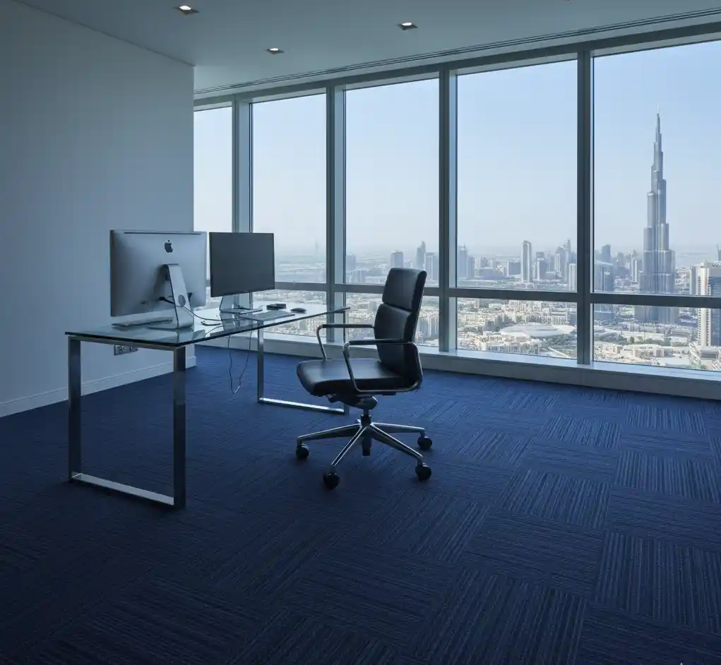 Durable nylon carpet with geometric patterns for offices and hallways.