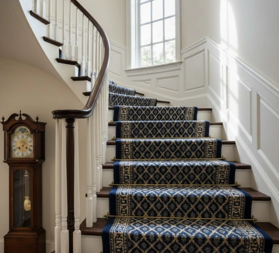 Elegant blue patterned stair carpet runner on a curved wooden staircase.