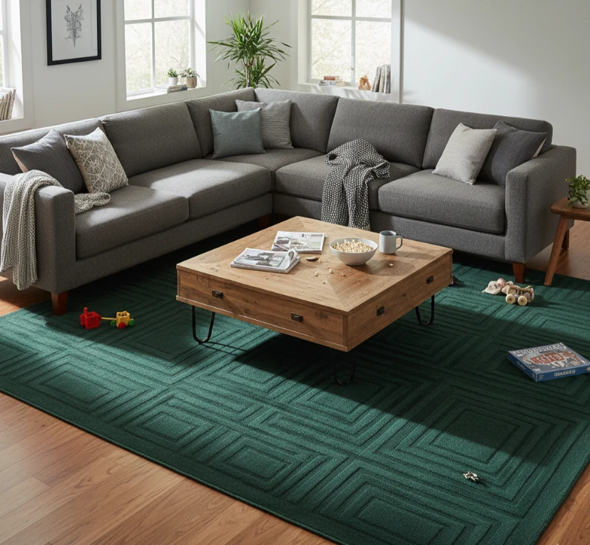 Emerald green carved polyester carpet.