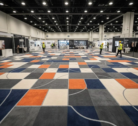 Geometric exhibition carpet tiles installed in a large trade show hall.
