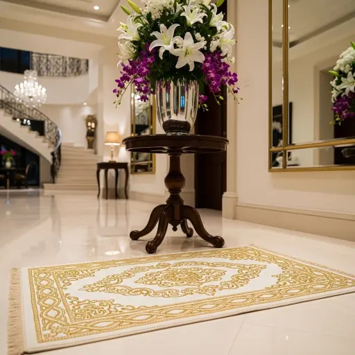 Gold-thread embroidered luxury silk rug.