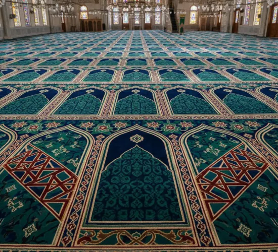 Green patterned mosque carpet with prayer row design