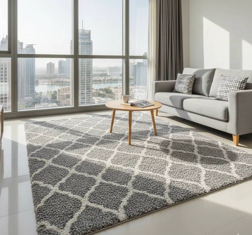 Grey Moroccan design polyester carpet.