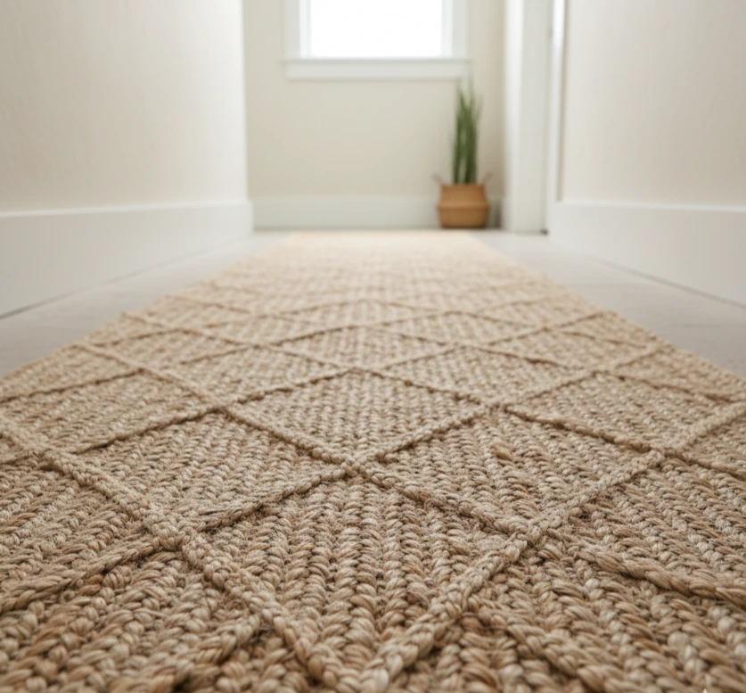 Hand-woven Jute runner with geometric pattern.
