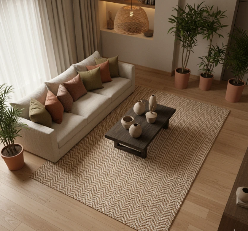 Herringbone Jute rug in a boho living room.