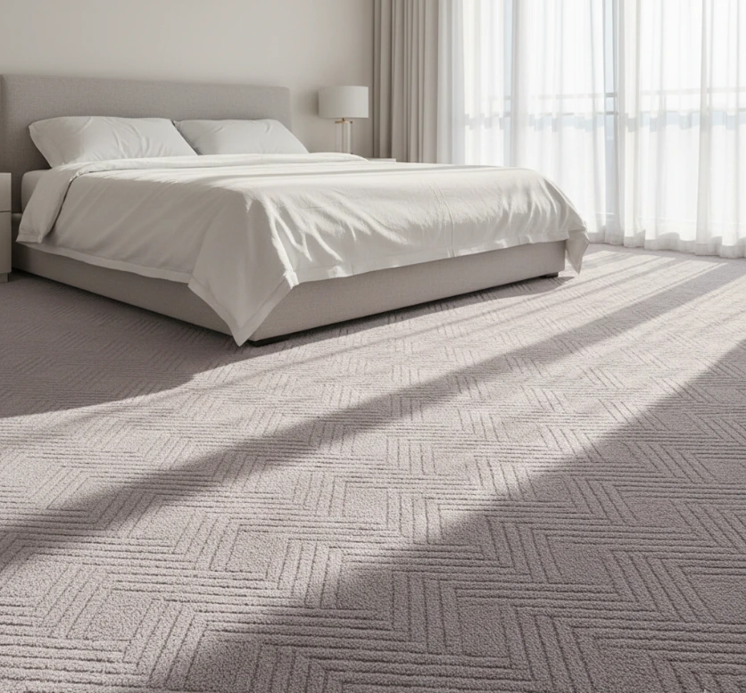 Lavender-grey weave nylon carpet for bedroom.
