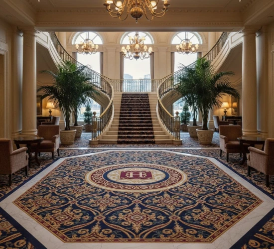 Luxury hotel lobby carpet flooring with elegant staircase and chandeliers.