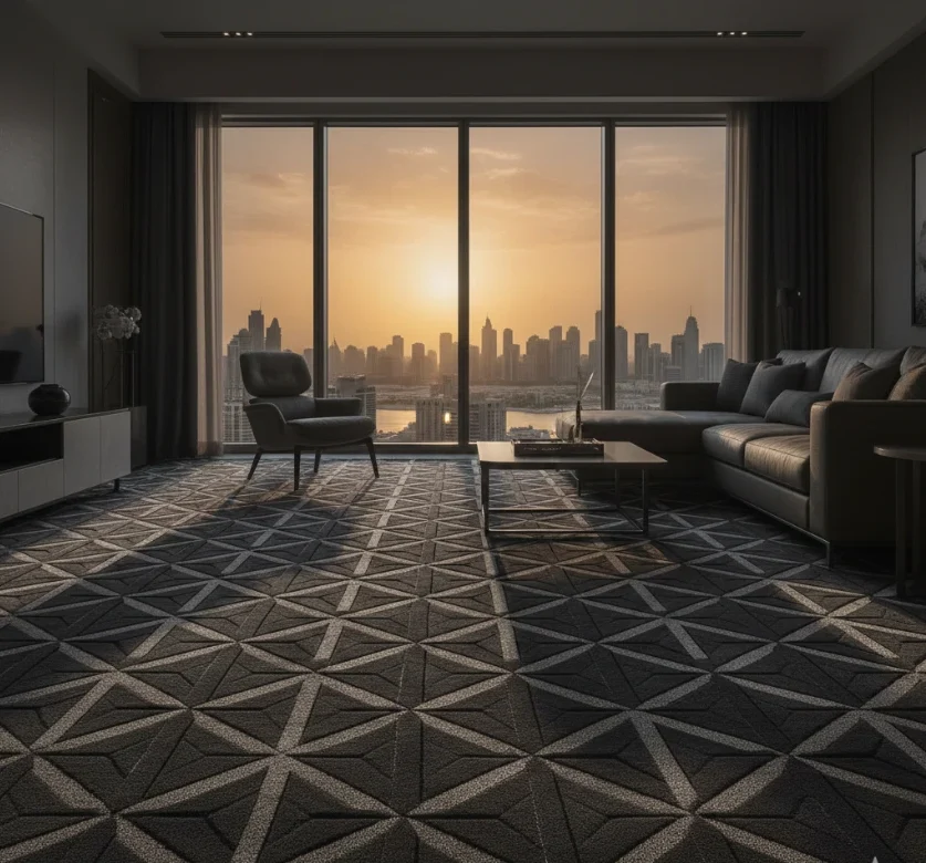 Modern geometric nylon carpet in penthouse.