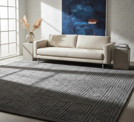 Modern living room with a beige sofa and a textured gray area rug.
