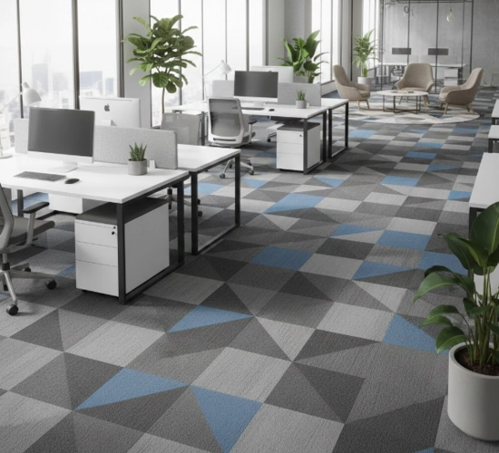 Modern office interior with geometric carpet tile flooring.