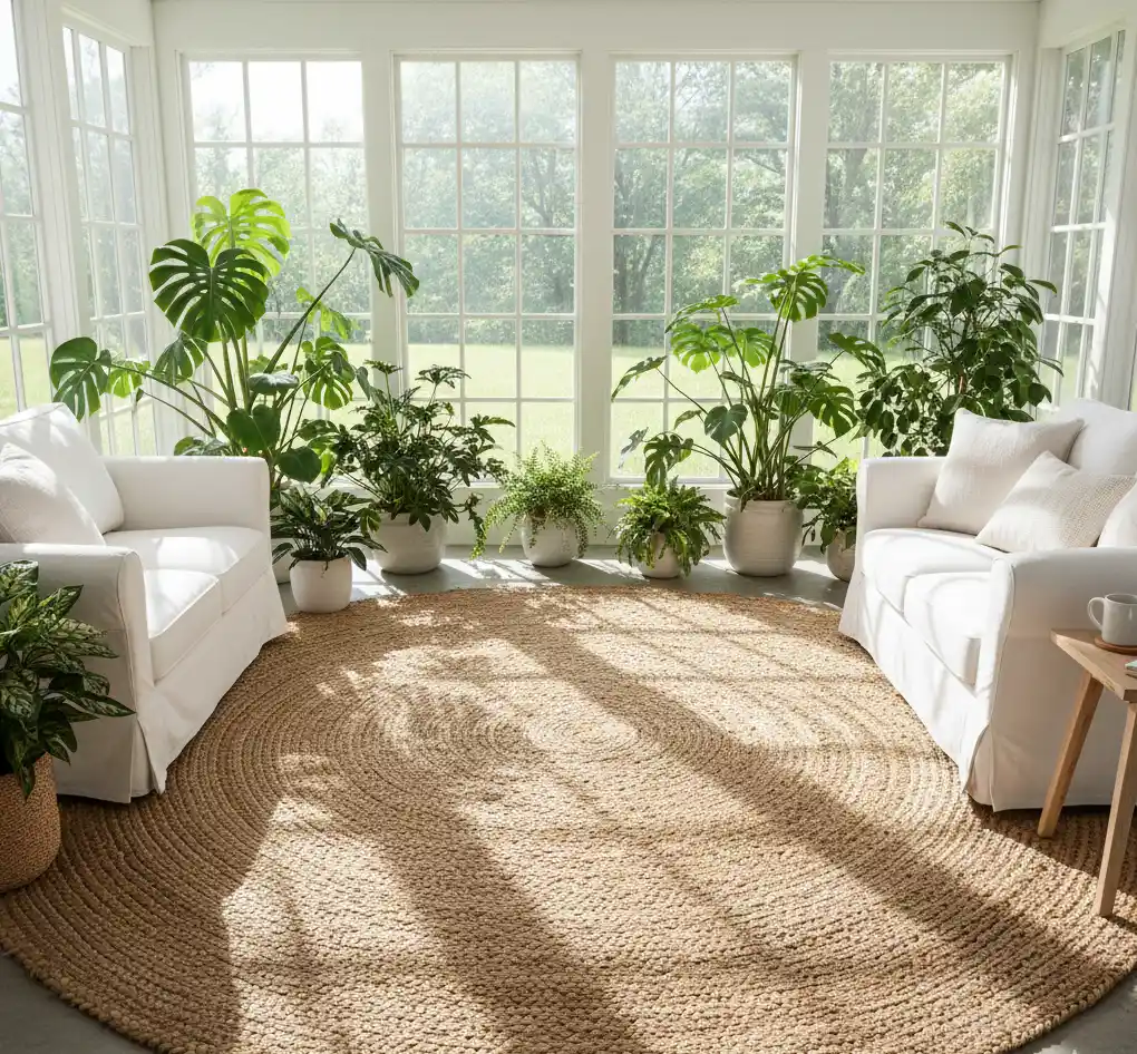 Natural hand-woven Jute carpet in a sunny, organic room setting.