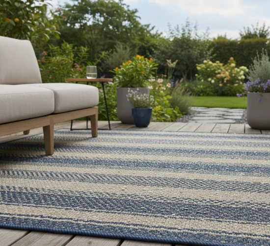 Outdoor blue and beige carpet on a garden patio with seating and plants.