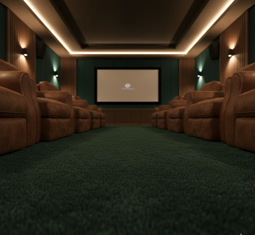 Plush green nylon carpet for home cinema.