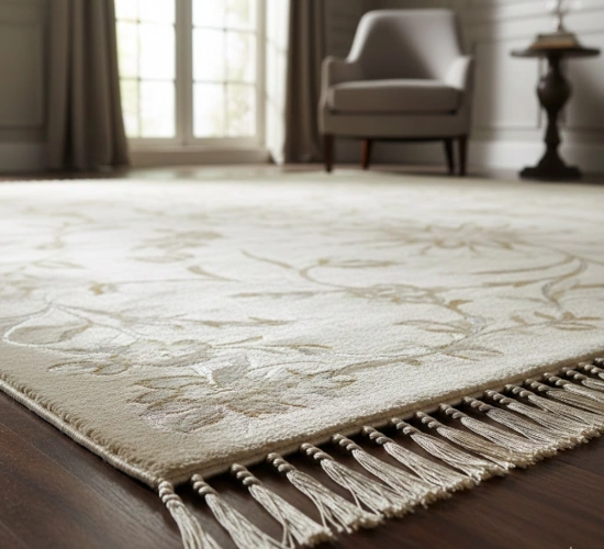 Premium silk carpet with soft floral pattern and elegant fringe in a modern living room.