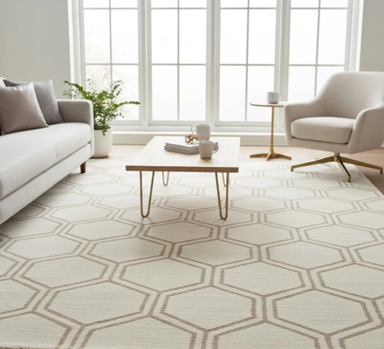 Premium wool carpet with elegant geometric pattern in a modern living room interior