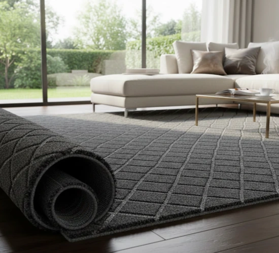 Rolled gray carpet on a modern living room floor with sofa and large windows.