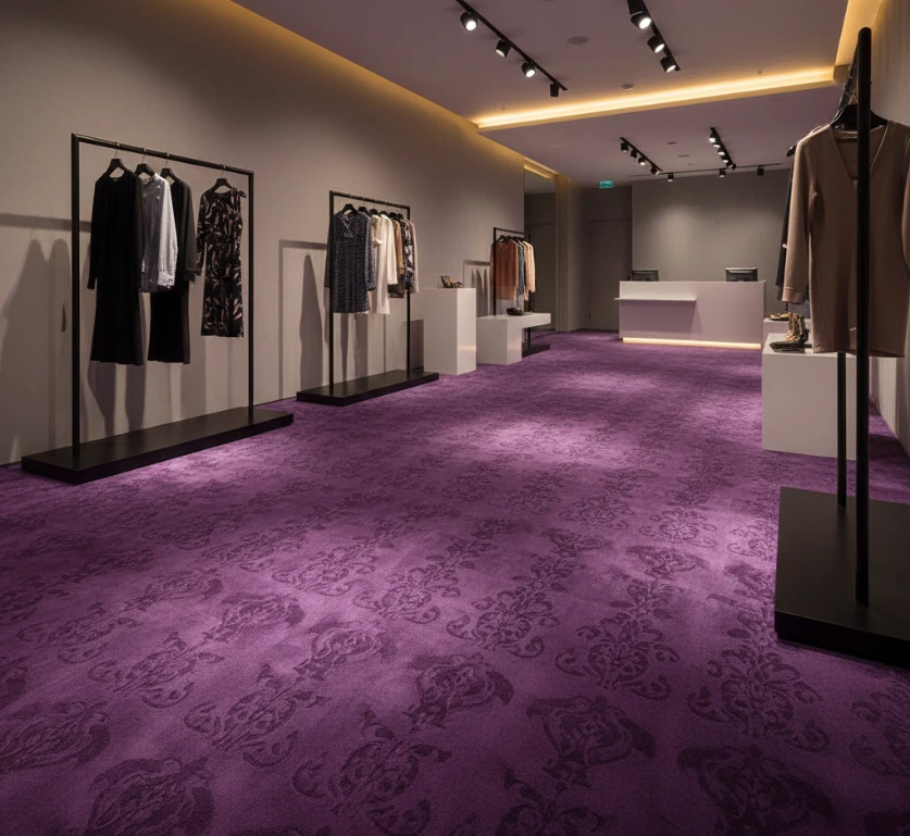 Royal purple embossed nylon carpet for retail.