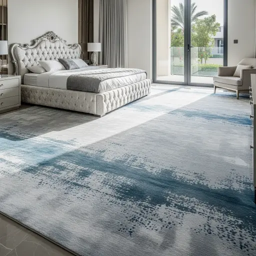 Shimmering silver silk carpet for bedroom.