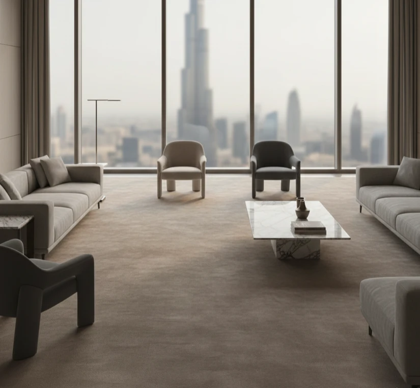 Shimmery taupe polyester carpet for lounge.