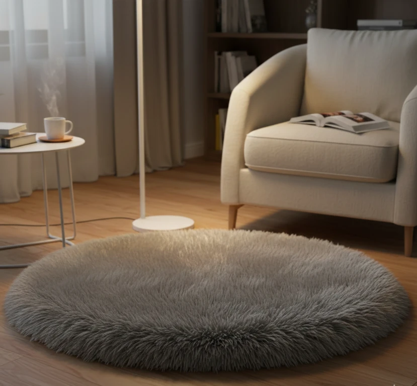 Soft faux-fur grey polyester accent rug.