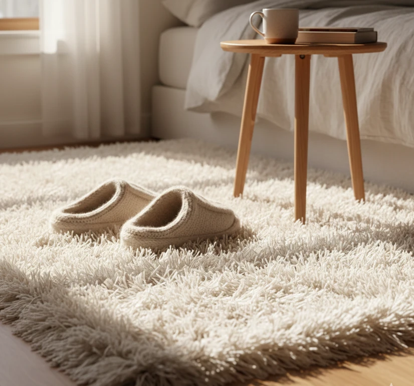 Soft white polyester shag rug for bedroom.