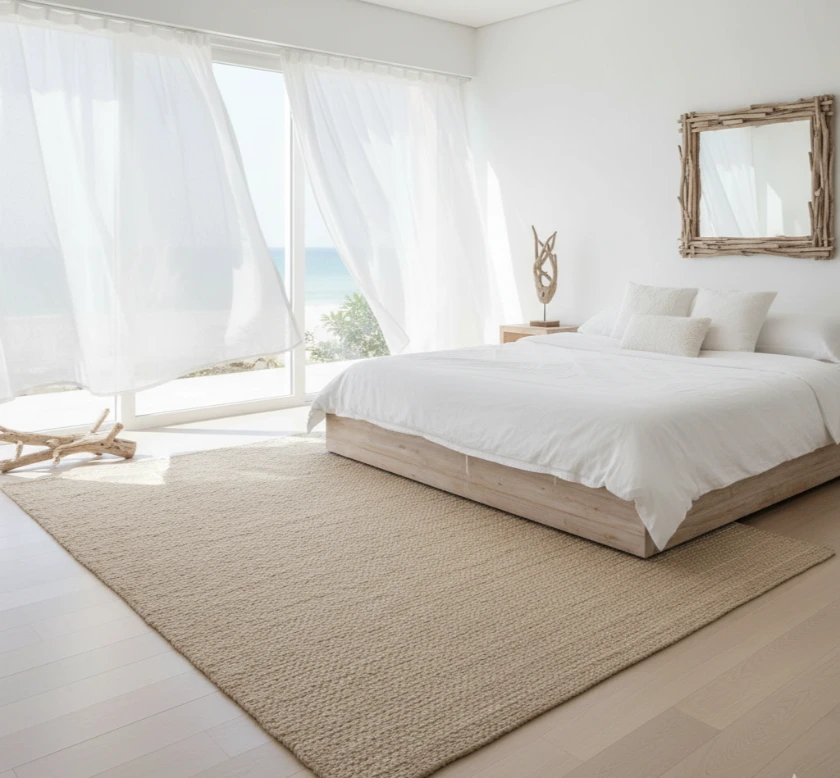 Square Jute carpet in a coastal bedroom.