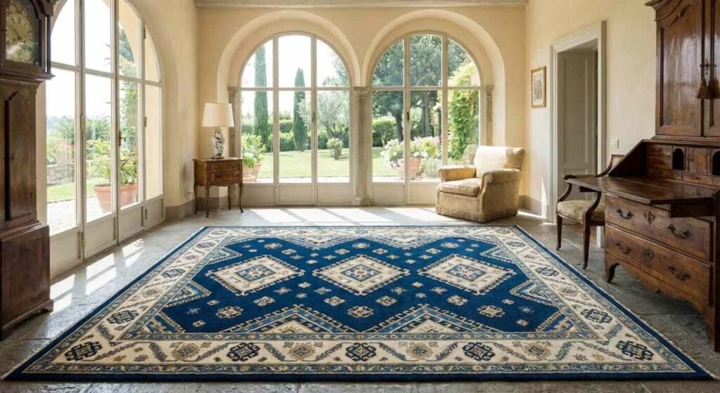 Vintage Blue Diamond Pattern Carpet in Sunlit Room
