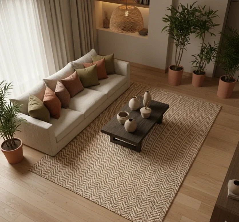 Herringbone-Jute-rug-in-a living-room